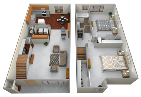 A 3D floor plan of a two-bedroom apartment.